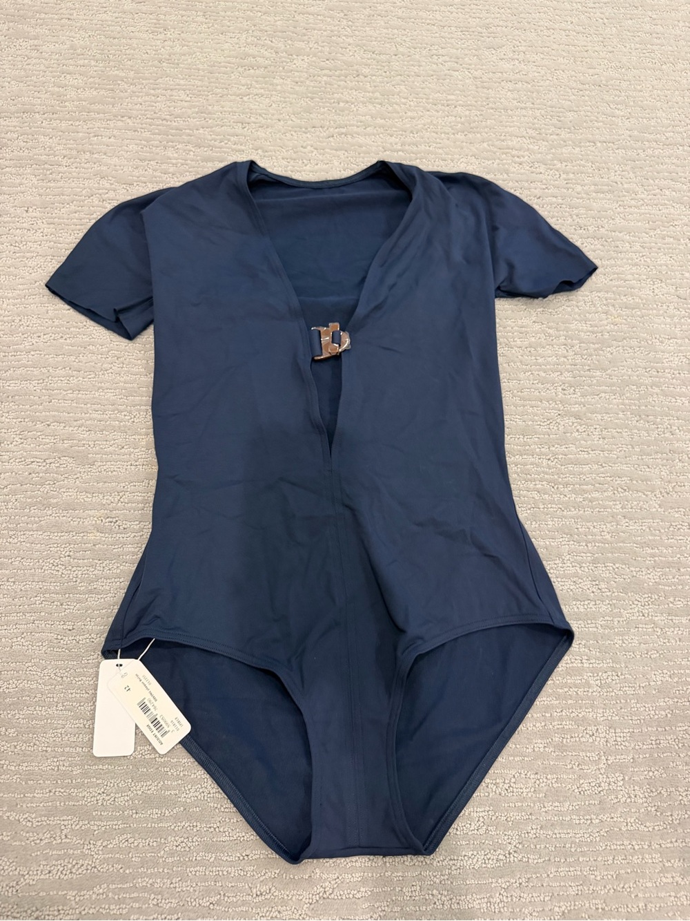 Navy Short-Sleeve One-Piece Swimsuit with Front Buckle
